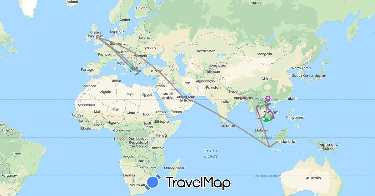 TravelMap itinerary: driving, bus, plane, train, boat in Albania, United Kingdom, Greece, Indonesia, Cambodia, Qatar, Thailand, Vietnam (Asia, Europe)